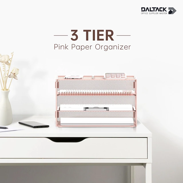 Alt view image 2 of 7 - 3 Tier Letter Tray Paper Organizer with Sliding Mesh Trays Pink Metal Mesh File Organizer with Sliding Trays for Letter and A4 Paper, Mail, Bills, Folders and Office Documents