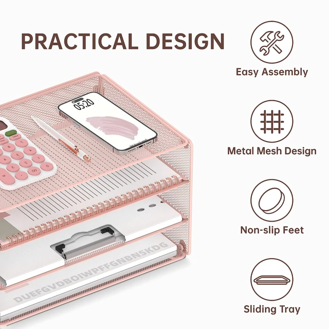 Alt view image 3 of 7 - 3 Tier Letter Tray Paper Organizer with Sliding Mesh Trays Pink Metal Mesh File Organizer with Sliding Trays for Letter and A4 Paper, Mail, Bills, Folders and Office Documents