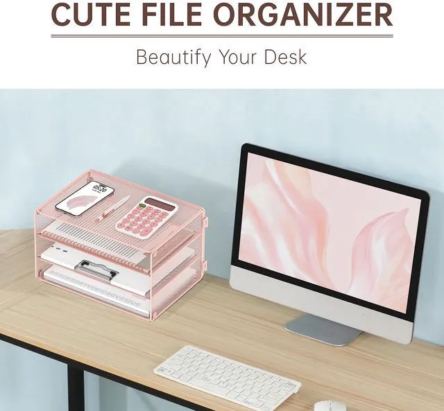 Alt view image 4 of 7 - 3 Tier Letter Tray Paper Organizer with Sliding Mesh Trays Pink Metal Mesh File Organizer with Sliding Trays for Letter and A4 Paper, Mail, Bills, Folders and Office Documents