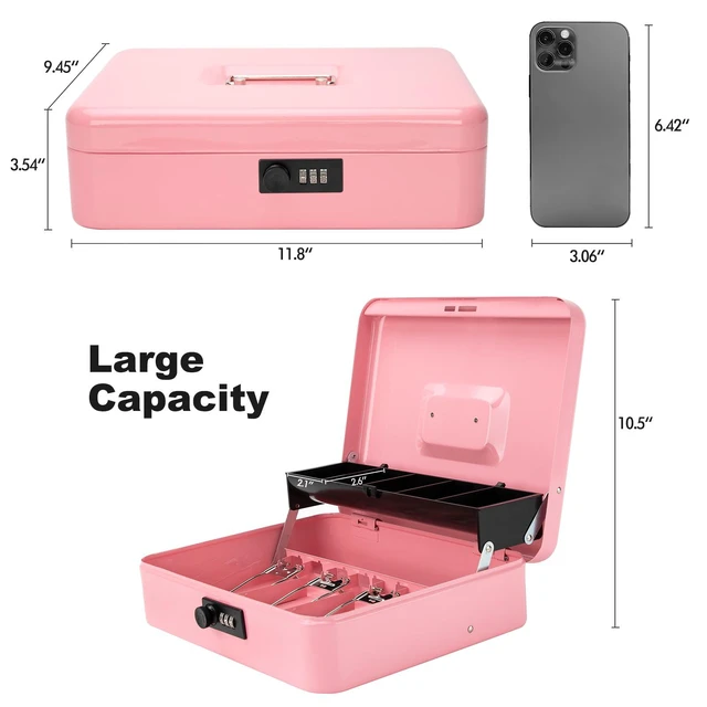 Alt view image 3 of 7 - Cash Box with Combination Lock & Foam Auto-Pop Coin Tray Secure Steel Money Box with 4 Upgraded Finger-Safe Bill Clips, Premium Smooth Scratch-Resistant Coating, 11.8", Combo Pink