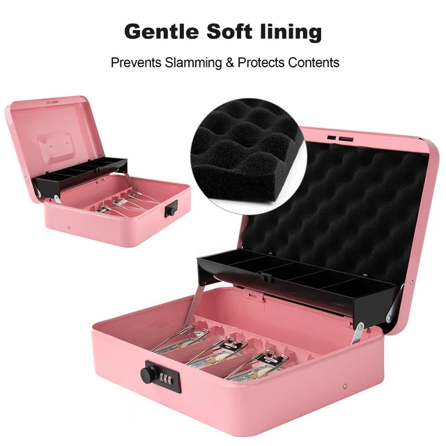 Alt view image 2 of 7 - Cash Box with Combination Lock & Foam Auto-Pop Coin Tray Secure Steel Money Box with 4 Upgraded Finger-Safe Bill Clips, Premium Smooth Scratch-Resistant Coating, 11.8", Combo Pink