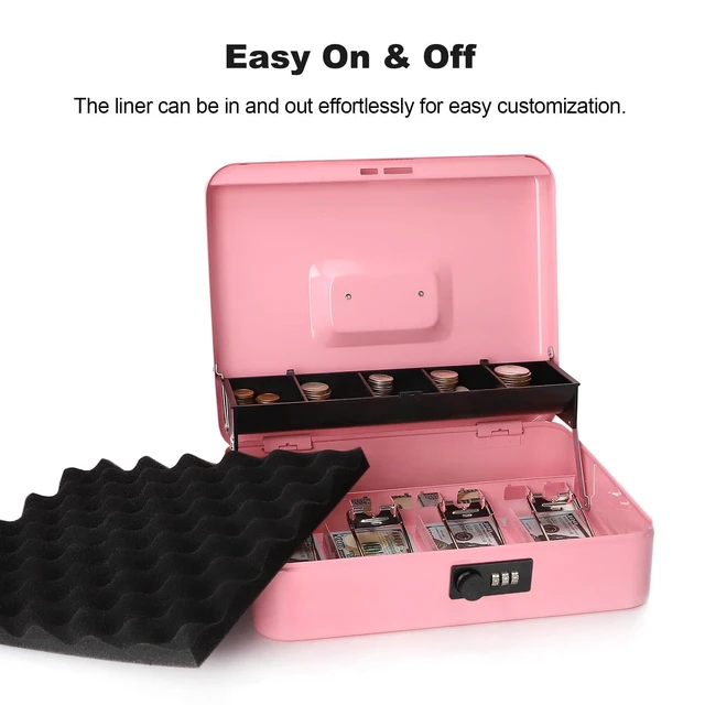 Alt view image 4 of 7 - Cash Box with Combination Lock & Foam Auto-Pop Coin Tray Secure Steel Money Box with 4 Upgraded Finger-Safe Bill Clips, Premium Smooth Scratch-Resistant Coating, 11.8", Combo Pink