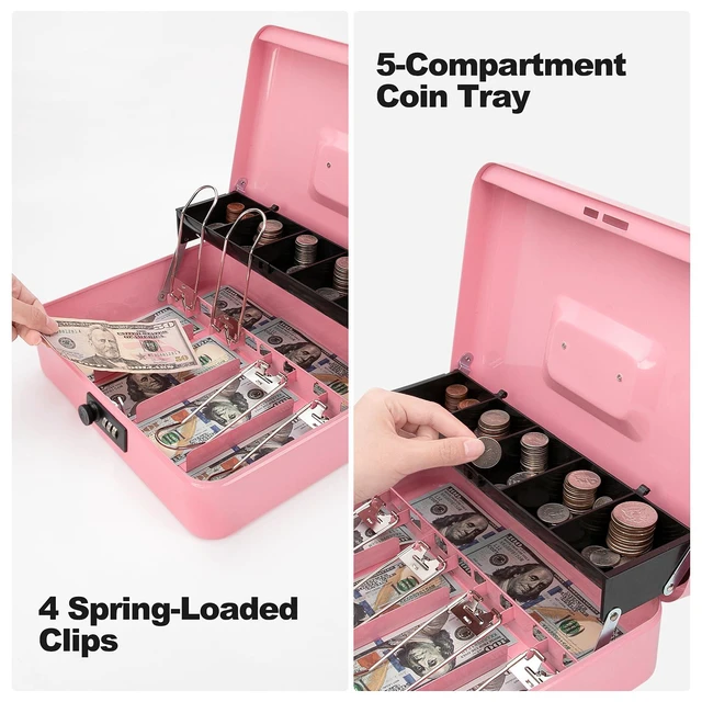 Alt view image 6 of 7 - Cash Box with Combination Lock & Foam Auto-Pop Coin Tray Secure Steel Money Box with 4 Upgraded Finger-Safe Bill Clips, Premium Smooth Scratch-Resistant Coating, 11.8", Combo Pink