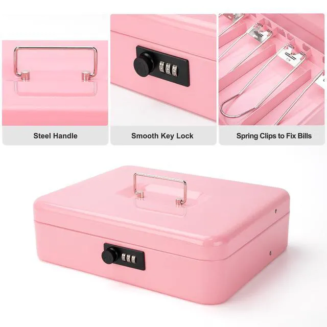 Alt view image 5 of 7 - Cash Box with Combination Lock & Foam Auto-Pop Coin Tray Secure Steel Money Box with 4 Upgraded Finger-Safe Bill Clips, Premium Smooth Scratch-Resistant Coating, 11.8", Combo Pink
