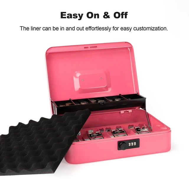 Alt view image 2 of 7 - Cash Box with Combination Lock & Foam Auto-Pop Coin Tray Secure Steel Money Box with 4 Upgraded Finger-Safe Bill Clips, Premium Smooth Scratch-Resistant Coating, 11.8", Combo Hot Pink