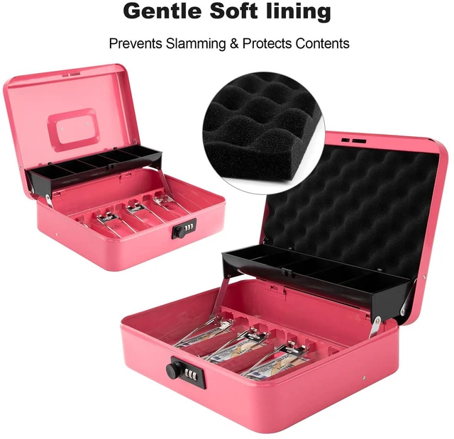 Alt view image 3 of 7 - Cash Box with Combination Lock & Foam Auto-Pop Coin Tray Secure Steel Money Box with 4 Upgraded Finger-Safe Bill Clips, Premium Smooth Scratch-Resistant Coating, 11.8", Combo Hot Pink
