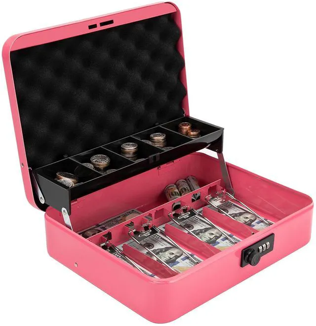 Main image of Cash Box with Combination Lock & Foam Auto-Pop Coin Tray Secure Steel Money Box with 4 Upgraded Finger-Safe Bill Clips, Premium Smooth Scratch-Resistant Coating, 11.8", Combo Hot Pink