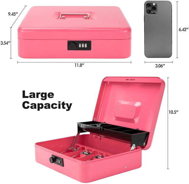 Alt view image 4 of 7 - Cash Box with Combination Lock & Foam Auto-Pop Coin Tray Secure Steel Money Box with 4 Upgraded Finger-Safe Bill Clips, Premium Smooth Scratch-Resistant Coating, 11.8", Combo Hot Pink