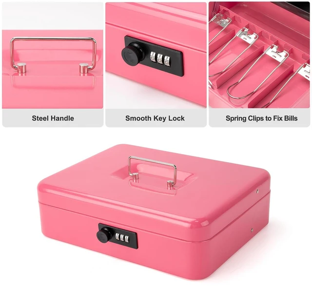Alt view image 5 of 7 - Cash Box with Combination Lock & Foam Auto-Pop Coin Tray Secure Steel Money Box with 4 Upgraded Finger-Safe Bill Clips, Premium Smooth Scratch-Resistant Coating, 11.8", Combo Hot Pink