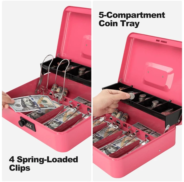 Alt view image 6 of 7 - Cash Box with Combination Lock & Foam Auto-Pop Coin Tray Secure Steel Money Box with 4 Upgraded Finger-Safe Bill Clips, Premium Smooth Scratch-Resistant Coating, 11.8", Combo Hot Pink