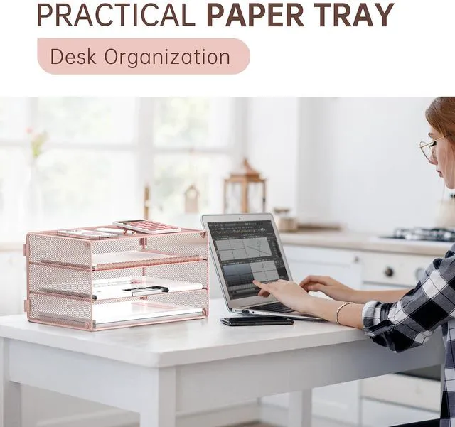 Alt view image 5 of 7 - 3 Tier Letter Tray Paper Organizer with Sliding Mesh Trays Pink Metal Mesh File Organizer with Sliding Trays for Letter and A4 Paper, Mail, Bills, Folders and Office Documents