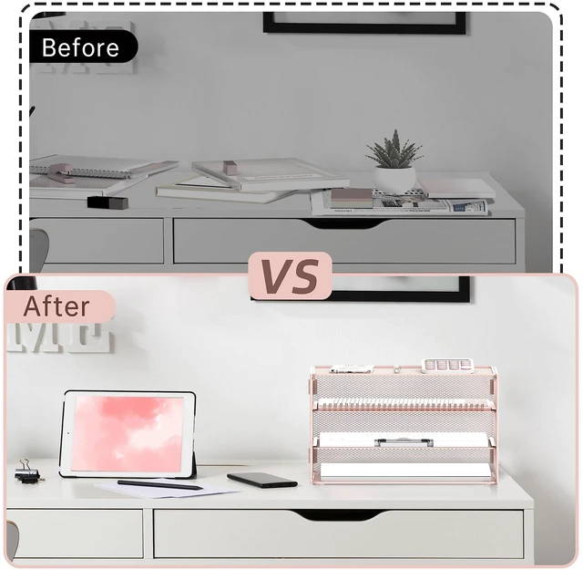 Alt view image 6 of 7 - 3 Tier Letter Tray Paper Organizer with Sliding Mesh Trays Pink Metal Mesh File Organizer with Sliding Trays for Letter and A4 Paper, Mail, Bills, Folders and Office Documents