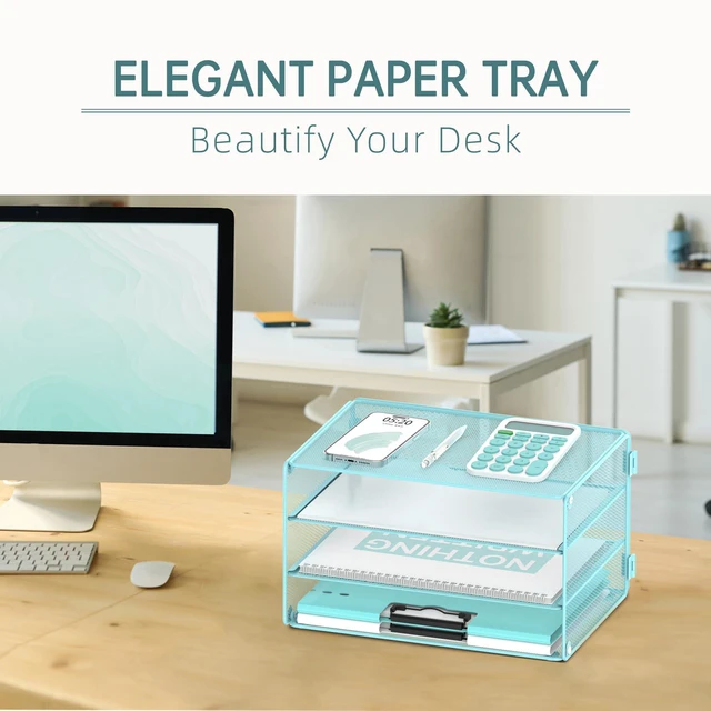 Alt view image 3 of 7 - 3 Tier Letter Tray Paper Organizer with Sliding Mesh Trays Blue Metal Mesh File Organizer with Sliding Trays for Letter and A4 Paper, Mail, Bills, Folders and Office Documents