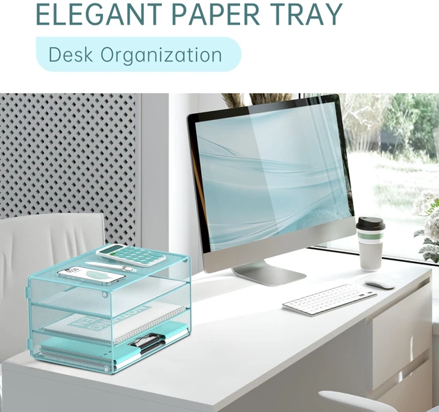 Alt view image 5 of 7 - 3 Tier Letter Tray Paper Organizer with Sliding Mesh Trays Blue Metal Mesh File Organizer with Sliding Trays for Letter and A4 Paper, Mail, Bills, Folders and Office Documents