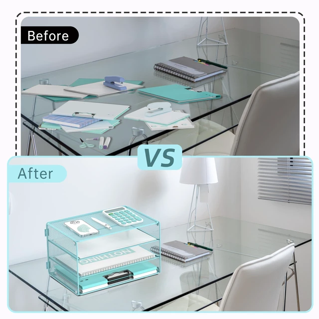 Alt view image 6 of 7 - 3 Tier Letter Tray Paper Organizer with Sliding Mesh Trays Blue Metal Mesh File Organizer with Sliding Trays for Letter and A4 Paper, Mail, Bills, Folders and Office Documents