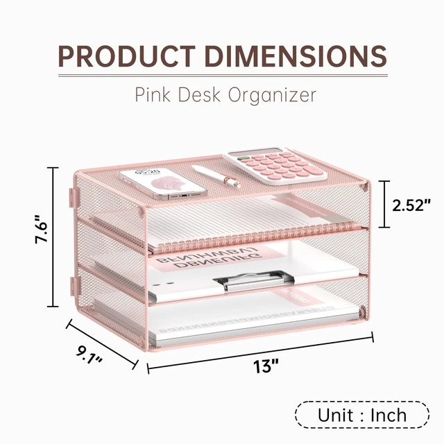Alt view image 7 of 7 - 3 Tier Letter Tray Paper Organizer with Sliding Mesh Trays Pink Metal Mesh File Organizer with Sliding Trays for Letter and A4 Paper, Mail, Bills, Folders and Office Documents