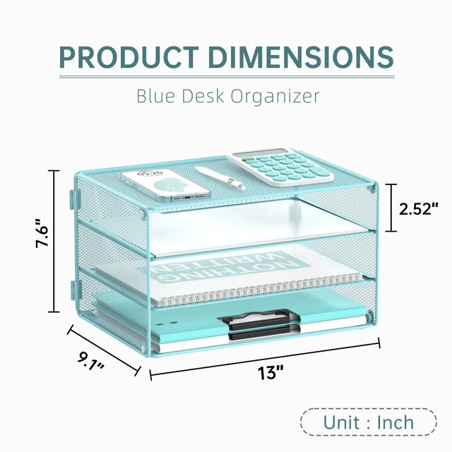 Alt view image 7 of 7 - 3 Tier Letter Tray Paper Organizer with Sliding Mesh Trays Blue Metal Mesh File Organizer with Sliding Trays for Letter and A4 Paper, Mail, Bills, Folders and Office Documents