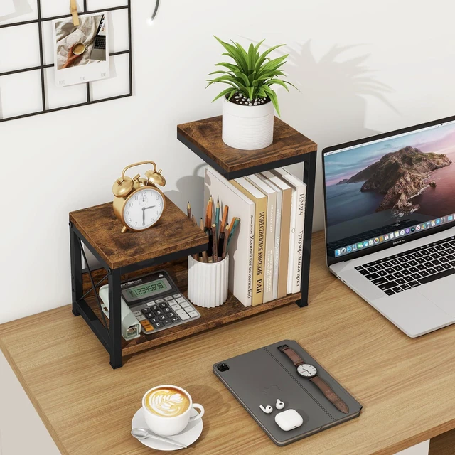 Alt view image 2 of 7 - Desktop Shelf Organizer, 3 Tier Office Shelves, Wood Desk Organizers Storage Rack and Freestanding Display Shelf for Office, Dormitory, Home, Rustic Brown
