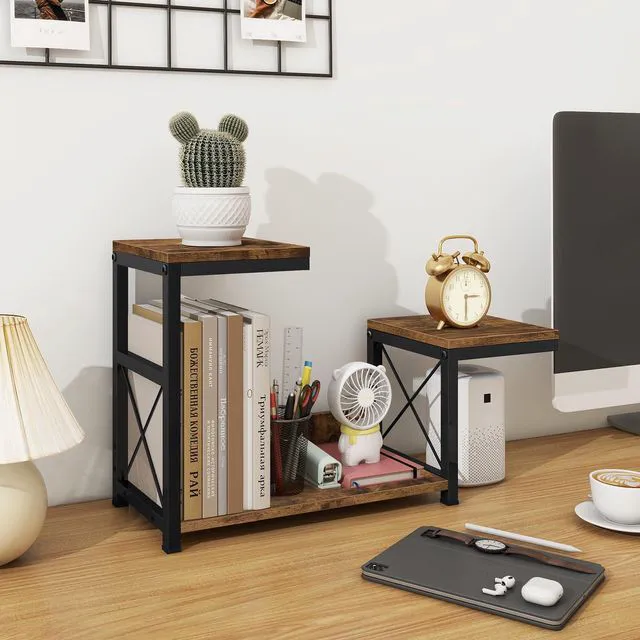 Alt view image 4 of 7 - Desktop Shelf Organizer, 3 Tier Office Shelves, Wood Desk Organizers Storage Rack and Freestanding Display Shelf for Office, Dormitory, Home, Rustic Brown