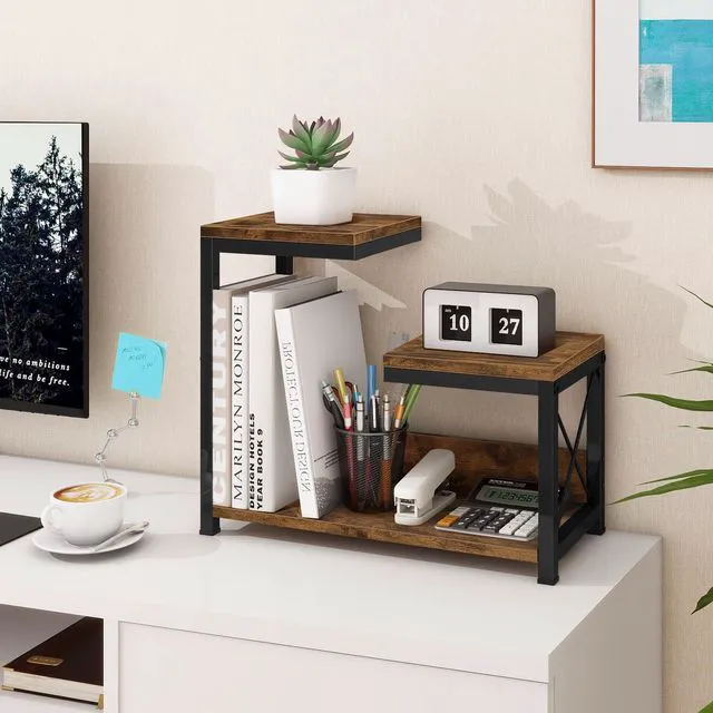 Alt view image 5 of 7 - Desktop Shelf Organizer, 3 Tier Office Shelves, Wood Desk Organizers Storage Rack and Freestanding Display Shelf for Office, Dormitory, Home, Rustic Brown
