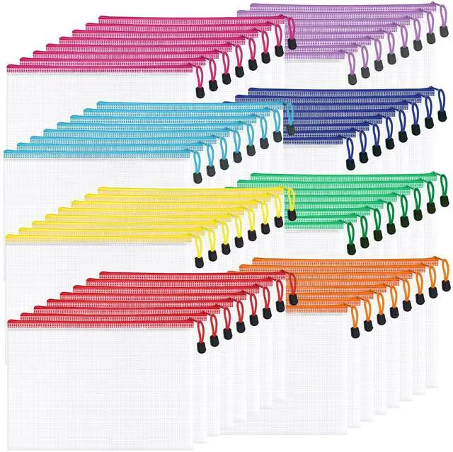 Main image of 64 Pack A4 Letter Size Mesh Zipper Pouch Bags, 8 Colors Waterproof, Document Zipper Pouches for Storage, Teacher School, Office, Toys, Puzzle, Home, Travel