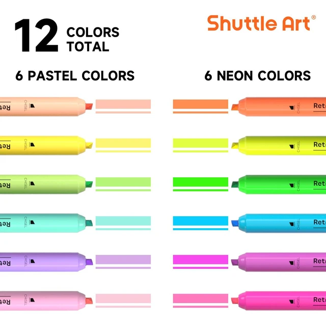 Alt view image 2 of 7 - Retractable Highlighters Assorted Colors, 12 Colors(6 Pastel & 6 Neon) Chisel Tip Fluorescent Markers, Quick-Dry Aesthetic Highlighter Pens for Adults, Perfect for School Office Home