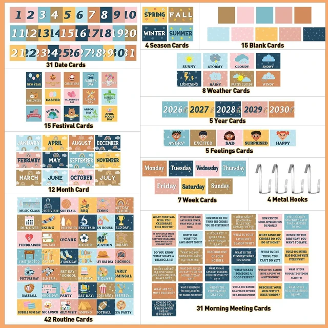 Alt view image 2 of 7 - Boho Classroom Calendar Pocket Chart Set, 171 Pcs Large Calendar Bulletin Board with Weather, Seasons, Holidays & Date Cards, Black Pocket Chart for Preschool Kindergarten Teacher Supplies