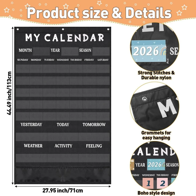 Alt view image 3 of 7 - Boho Classroom Calendar Pocket Chart Set, 171 Pcs Large Calendar Bulletin Board with Weather, Seasons, Holidays & Date Cards, Black Pocket Chart for Preschool Kindergarten Teacher Supplies