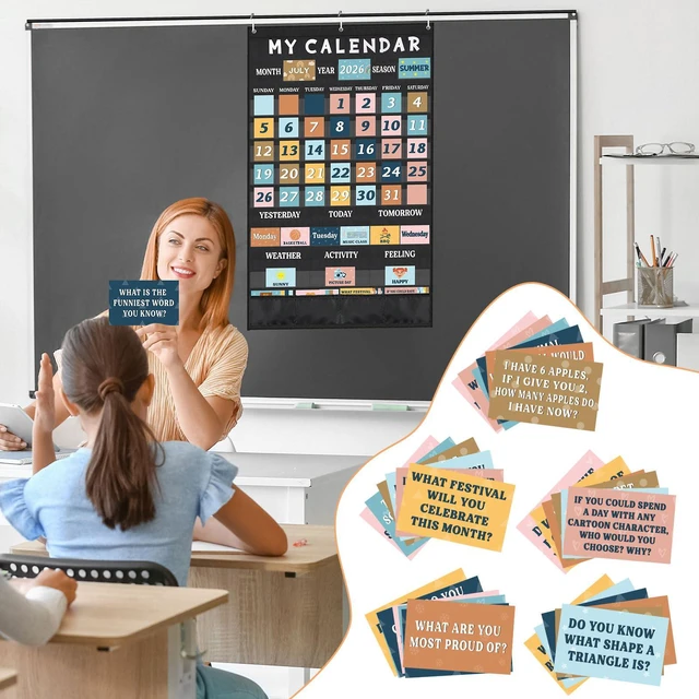 Alt view image 4 of 7 - Boho Classroom Calendar Pocket Chart Set, 171 Pcs Large Calendar Bulletin Board with Weather, Seasons, Holidays & Date Cards, Black Pocket Chart for Preschool Kindergarten Teacher Supplies