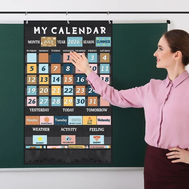 Alt view image 6 of 7 - Boho Classroom Calendar Pocket Chart Set, 171 Pcs Large Calendar Bulletin Board with Weather, Seasons, Holidays & Date Cards, Black Pocket Chart for Preschool Kindergarten Teacher Supplies