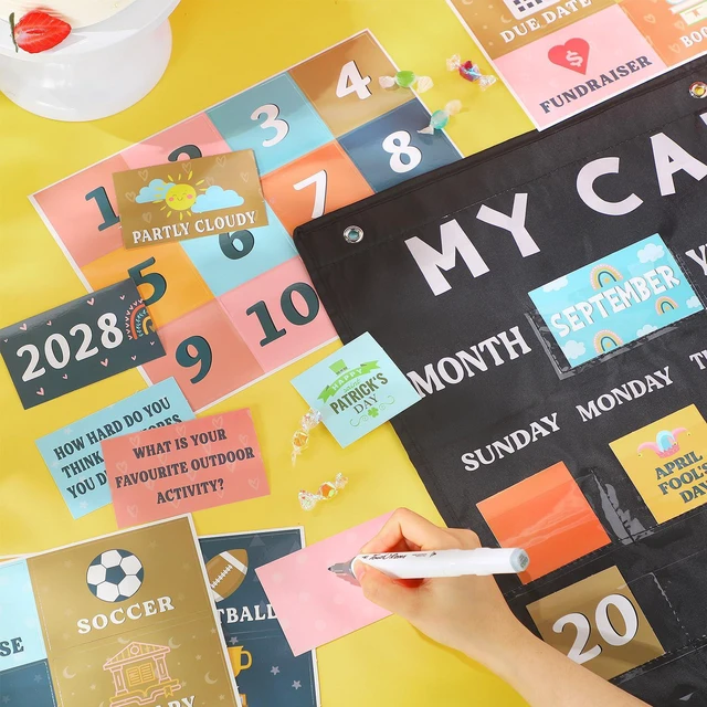 Alt view image 5 of 7 - Boho Classroom Calendar Pocket Chart Set, 171 Pcs Large Calendar Bulletin Board with Weather, Seasons, Holidays & Date Cards, Black Pocket Chart for Preschool Kindergarten Teacher Supplies