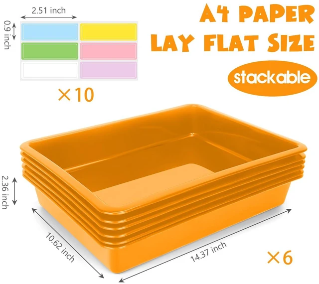 Alt view image 2 of 7 - 6 Pack Paper Trays for Classroom, Orange Plastic Book Bins with Colorful Labels, Stackable Letter Size Storage Tray, Desk Organizer Tray for Home, School and Office