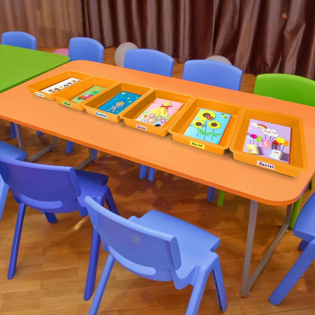 Alt view image 4 of 7 - 6 Pack Paper Trays for Classroom, Orange Plastic Book Bins with Colorful Labels, Stackable Letter Size Storage Tray, Desk Organizer Tray for Home, School and Office