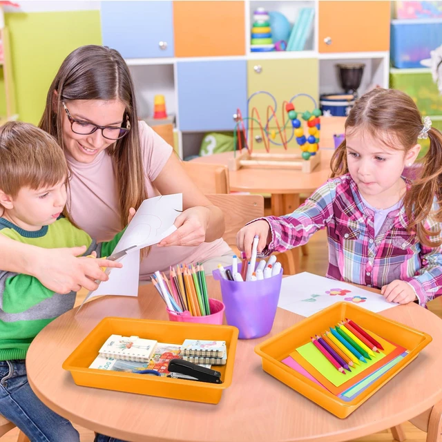Alt view image 7 of 7 - 6 Pack Paper Trays for Classroom, Orange Plastic Book Bins with Colorful Labels, Stackable Letter Size Storage Tray, Desk Organizer Tray for Home, School and Office