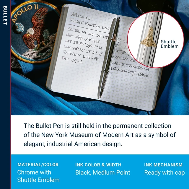 Alt view image 3 of 7 - Space Pen Chrome Shuttle Emblem Pressurized Ballpoint Bullet Pen Gift Box, Compact Size, Writes Upside Down and in Extreme Temperatures, Smooth Black Ink, Medium Point, Made in the USA