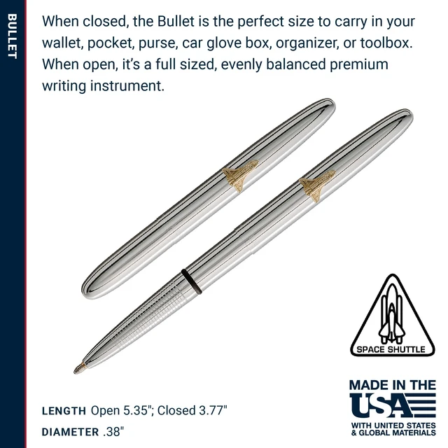 Alt view image 6 of 7 - Space Pen Chrome Shuttle Emblem Pressurized Ballpoint Bullet Pen Gift Box, Compact Size, Writes Upside Down and in Extreme Temperatures, Smooth Black Ink, Medium Point, Made in the USA