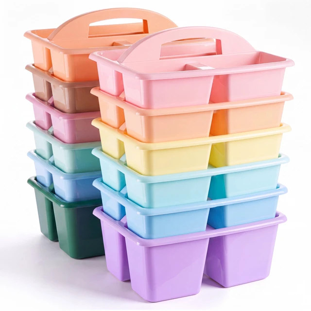 Main image of 12 Pack Classroom Caddy Organizer with Handle Bulk, Mixed Color 1 Plastic Art Craft Cleaning Caddy, Small Multipurpose Supply Organization Storage, Basket for Table Desk Office Pencil Teacher