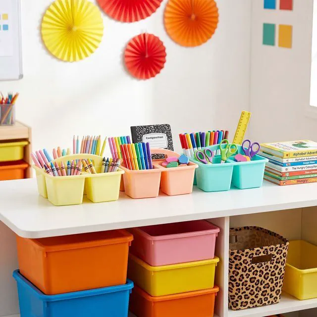 Alt view image 2 of 7 - 12 Pack Classroom Caddy Organizer with Handle Bulk, Mixed Color 1 Plastic Art Craft Cleaning Caddy, Small Multipurpose Supply Organization Storage, Basket for Table Desk Office Pencil Teacher