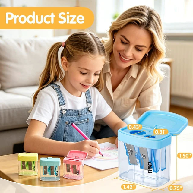 Alt view image 2 of 7 - Pencil Sharpener, 100 Pack Pencil Sharpeners Manual Dual Holes Compact Colored Handheld Pencil Sharpener with Lid for Kids, School, Office
