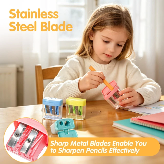 Alt view image 4 of 7 - Pencil Sharpener, 100 Pack Pencil Sharpeners Manual Dual Holes Compact Colored Handheld Pencil Sharpener with Lid for Kids, School, Office