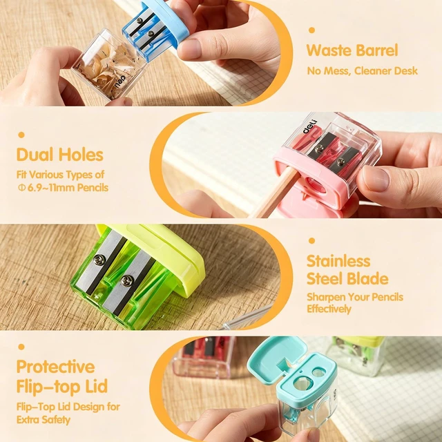 Alt view image 5 of 7 - Pencil Sharpener, 100 Pack Pencil Sharpeners Manual Dual Holes Compact Colored Handheld Pencil Sharpener with Lid for Kids, School, Office