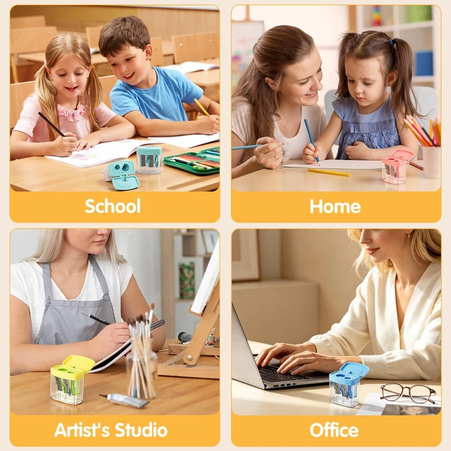 Alt view image 6 of 7 - Pencil Sharpener, 100 Pack Pencil Sharpeners Manual Dual Holes Compact Colored Handheld Pencil Sharpener with Lid for Kids, School, Office