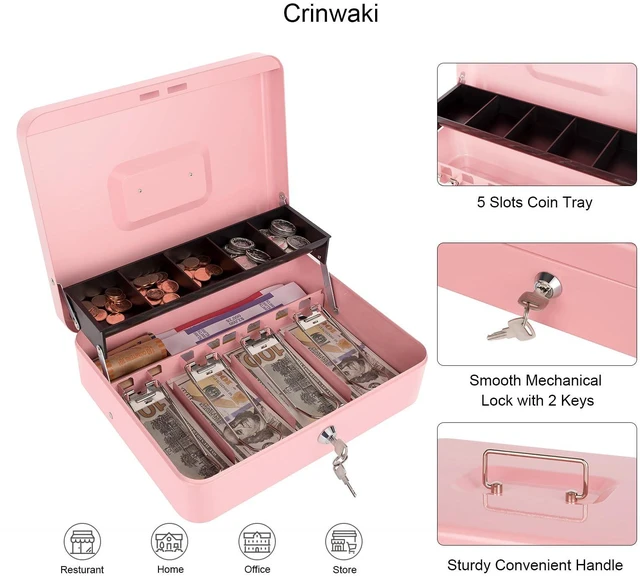 Alt view image 4 of 7 - Cash Box with Money Tray and Key Lock, Money Box with Safe Locking, Money Lock Box for Cash Register 11.8"x9.45"x3.54" Pink XL Large