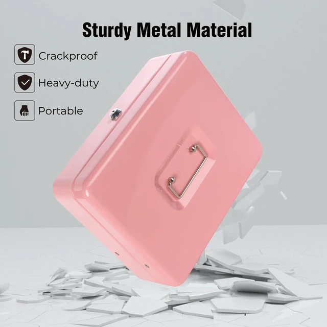 Alt view image 5 of 7 - Cash Box with Money Tray and Key Lock, Money Box with Safe Locking, Money Lock Box for Cash Register 11.8"x9.45"x3.54" Pink XL Large
