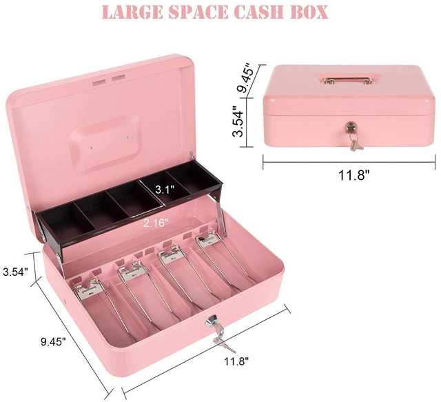 Alt view image 2 of 7 - Cash Box with Money Tray and Key Lock, Money Box with Safe Locking, Money Lock Box for Cash Register 11.8"x9.45"x3.54" Pink XL Large
