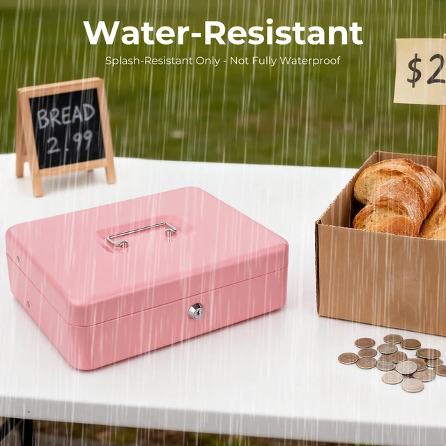 Alt view image 6 of 7 - Cash Box with Money Tray and Key Lock, Money Box with Safe Locking, Money Lock Box for Cash Register 11.8"x9.45"x3.54" Pink XL Large