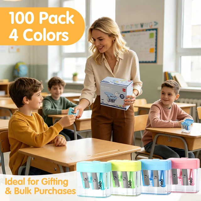 Alt view image 7 of 7 - Pencil Sharpener, 100 Pack Pencil Sharpeners Manual Dual Holes Compact Colored Handheld Pencil Sharpener with Lid for Kids, School, Office