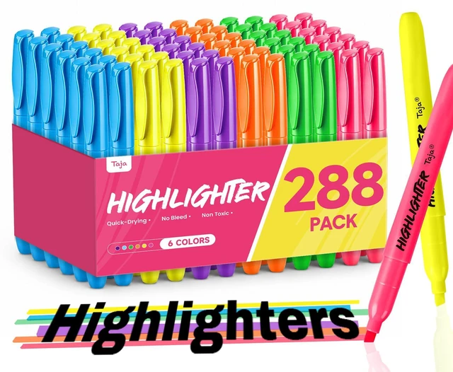 Main image of 288 Pack Highlighters, 6 Assorted Colors, Value Bulk Pack, Chisel Tip Markers with Smooth Quick-Drying Ink, Broad & Precise Lines for Notes, Suitable for School, Office, and Daily Use