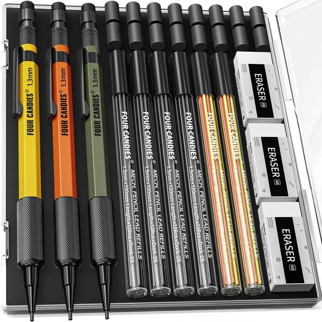 Main image of 1.3mm Metal Mechanical Pencil Set with 72 Lead Refills, 3-Pack Heavy Duty Weatherproof Body, 3 Eraser, 16 Eraser Refills, Storage case for Outdoor Woodworking Drafting Marking