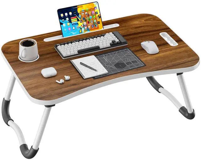 Main image of Folding Lap Desk, 23.6 Inch Wood Laptop Bed Desk with Cup Holder, Portable Bed Table for Working Writing Reading, Eating for Bed, Floor, Sofa, Couch - Brown